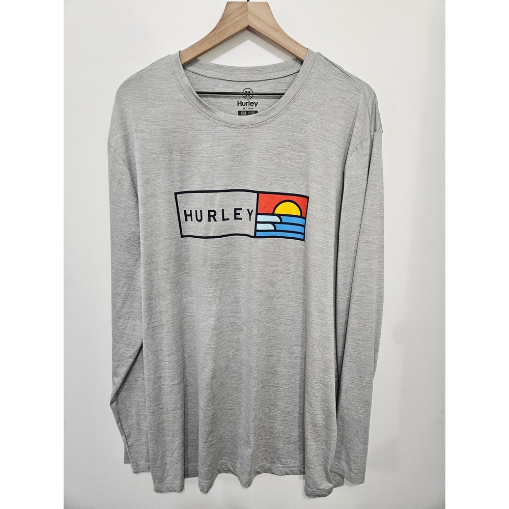 Hurley Mens Long‎ Sleeve Graphic Tee Heather Grey Sunset Wave Logo XXL